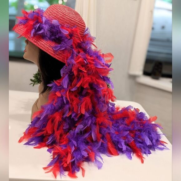 Red Hat Society Red Hat with Red and Purple Feather Fall - Picture 4 of 5